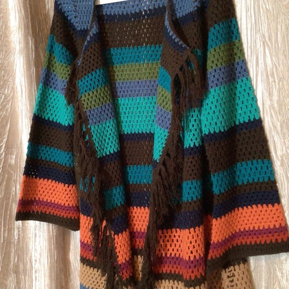 Crochet Fringe Duster Open Long Cardigan Boho Festival Hippie Rainbow Core Med - Picture 5 of 9